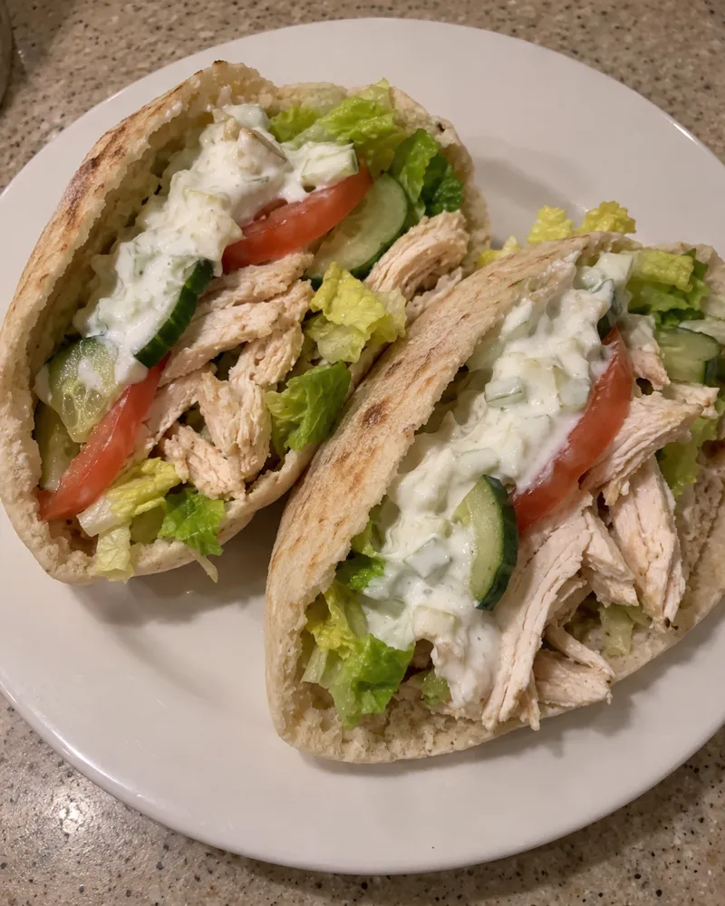 2 panes de pita rellenos de pollo, lechuga, tomate, pepino y salsa de yogur