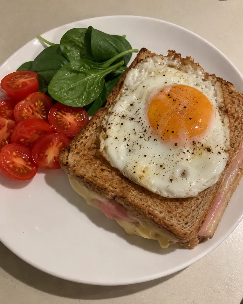 Sándwich mixto integral tostado con un huevo a la plancha encima y tomates cherry