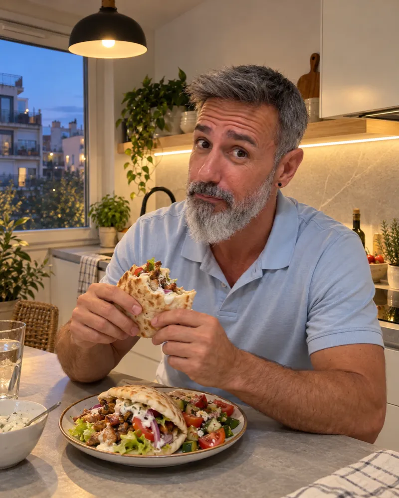 Jonathan Aguilar en su cocina comiéndose el kebab casero