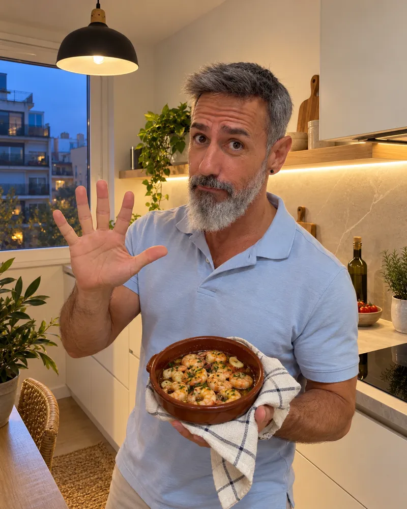 Jonathan Aguilar con una cazuela de gambas al ajillo enseñando 5 dedos