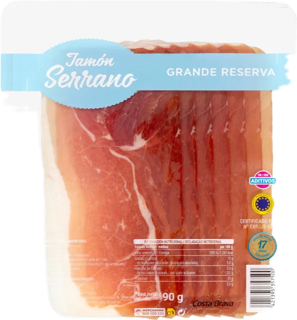 Jamón serrano gran reserva Hacendado sin aditivos lonchas