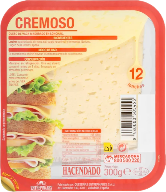 Queso lonchas cremoso de vaca Hacendado